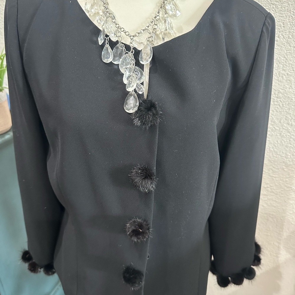 Maggy London Black Suit Jacket with Fur PomPoms size 14